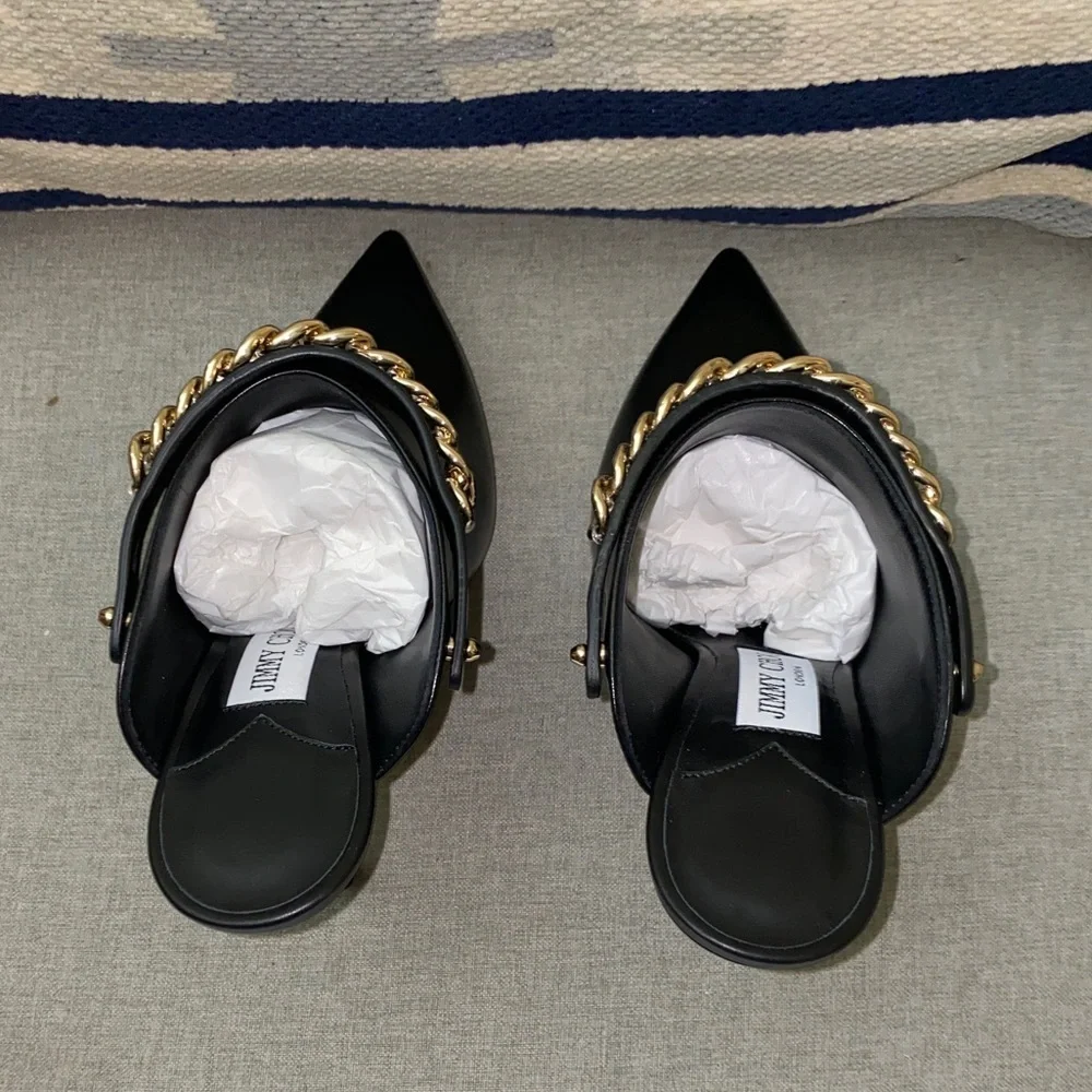 FINAL SALE Jimmy Choo Lexx 100 Black/gold Leather heeled Mules NWT size 7 - Picture 9 of 14